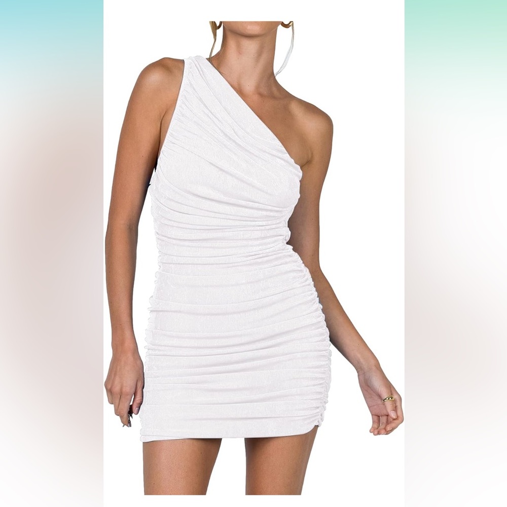 One Shoulder Ruched Bodycon White Dress